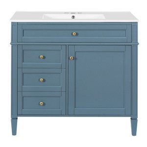 Vynxaria 36 Inch Indigo Blue Modern Bathroom Vanity with Ceramic Sink 3 Drawers Tip out Drawer Cabinet Door Organizer and Adjustable Shelf Includes - 1 of 4