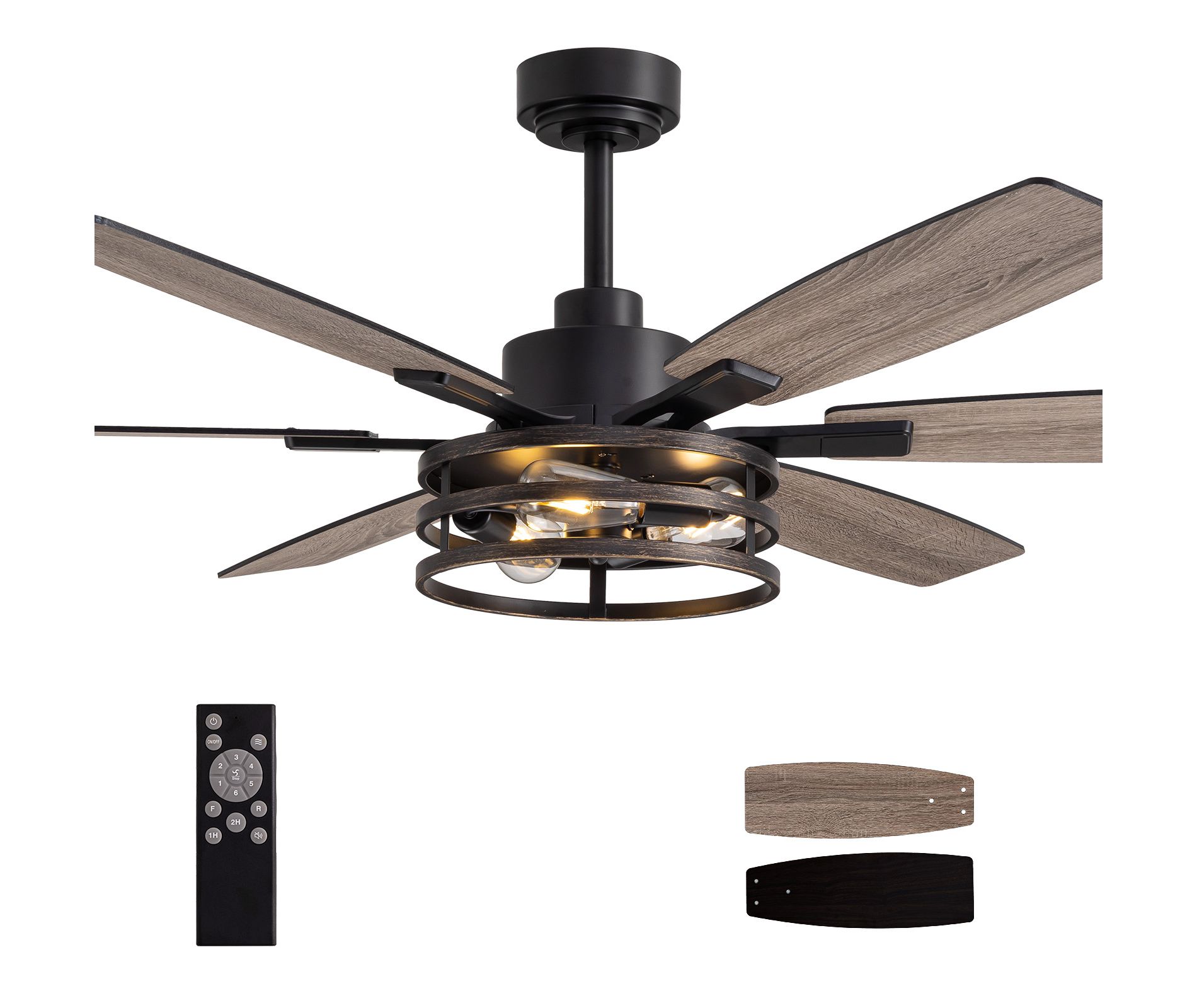 Siljoy 60 Inch Farmhouse Ceiling Fans with Lights and Remote Control for Bedroom Living Room and Patio, Retro Black Caged Ceiling Fan for Indoor