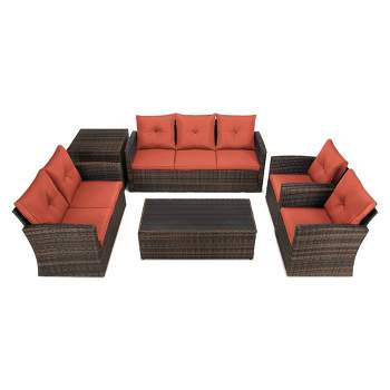 6pc Wicker Outdoor Conversation Set with Cushions - Orange - EDYO LIVING