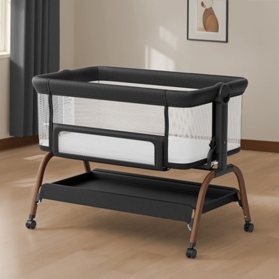 BabyBond Baby Bassinet 3 in 1 Bedside Sleeper with Soft Mattress and Sheet, 6 Height Adjustable baby sleeper,Bedside Crib for Infants,Black Woodgrain