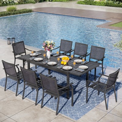Captiva Designs 9pc Patio Adjustable Steel Rectangle Dining Table & Metal Chairs with Bull's Eye Pattern