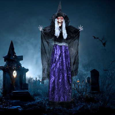 Joyfy 47” Halloween Hanging Animated Witch,Sound Activation and Purple Eyes for Outdoor & Indoor Decor,Halloween Haunted House Props Scary Decor