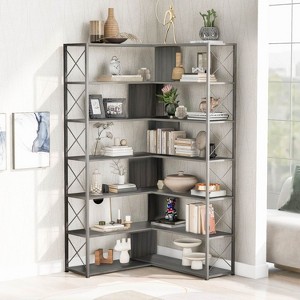 7-Tier Bookcase Home Office Bookshelf, L-Shaped Corner Bookcase with Metal Frame, Industrial Style Shelf with Open Storage, MDF Board-The Pop Home - 1 of 4