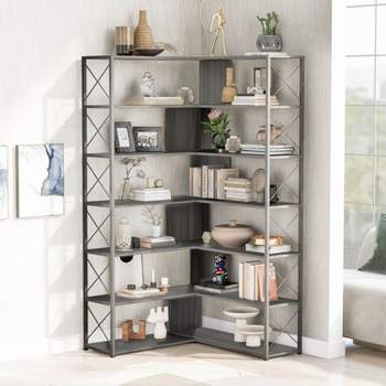 7-Tier Bookcase Home Office Bookshelf, L-Shaped Corner Bookcase with Metal Frame, Industrial Style Shelf with Open Storage, MDF Board-The Pop Home