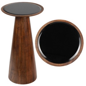JONATHAN Y Linden 21.5" Farmhouse Industrial Mango Wood Drink Table with Round Black Glass Top & Cone Pedestal Base - 1 of 4