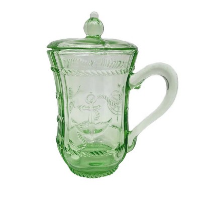 Slickblue Embossed Nautical Design Glass Tea Cups with Lid - 10 oz, Set of 2