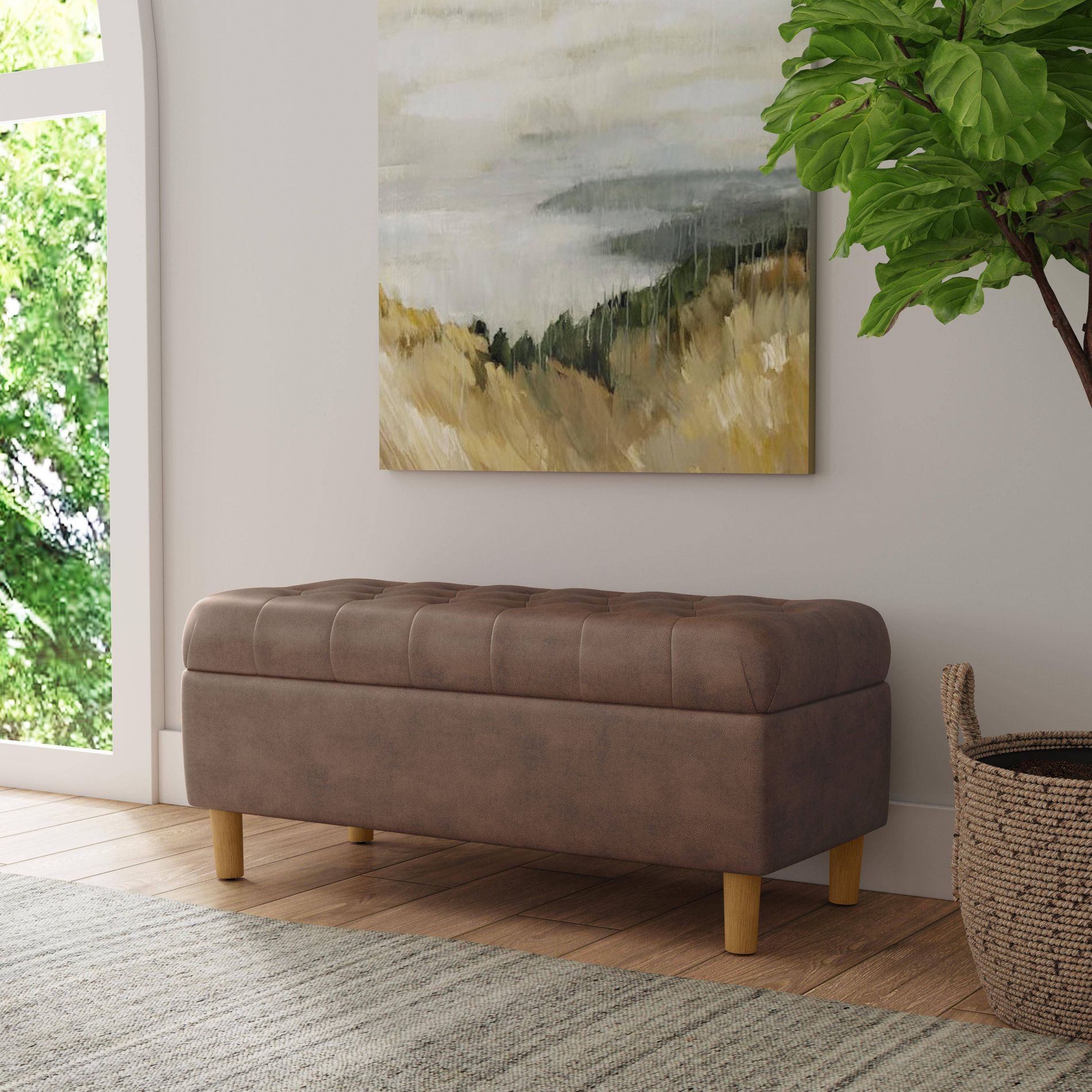 Button Tufted Storage Bench with Cone Wood Legs - HomePop