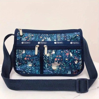 Paaaawaters Women's Durable Nylon Crossbody Bag Multiple Zippered Pockets Totoro Floral Print Navy Blue