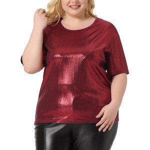 Agnes Orinda Women's Plus Size Metallic Round Neck Short Sleeve Summer Carnival Party Blouses - 1 of 4