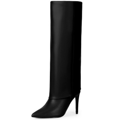 BLISSFUL STEP Women's Fold Over Pointed Toe Zipper Stiletto Heel Knee-High Boots