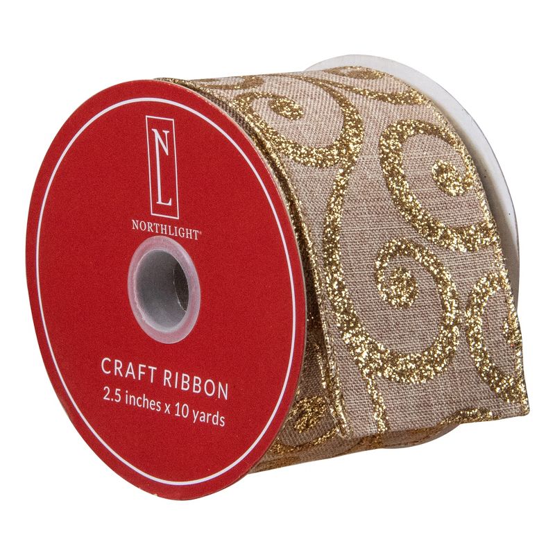 Northlight Burlap and Gold Scroll Christmas Wired Craft Ribbon 2.5" x 10 Yards, 3 of 4