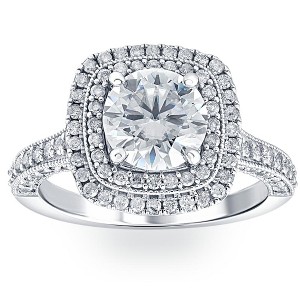 Pompeii3 3Ct Diamond & Moissanite Cushion Halo Engagement Ring in White or Yellow Gold - 1 of 4