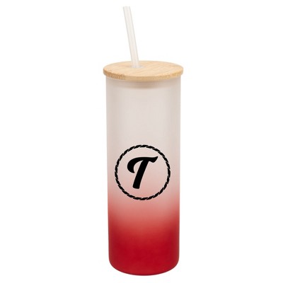 Elanze Designs T Monogram Letter Initial Rope Circle Wrap-Around Design 25 Ounce Frosted Gradient Glass On-The-Go Coffee Travel Skinny Tumbler Mug