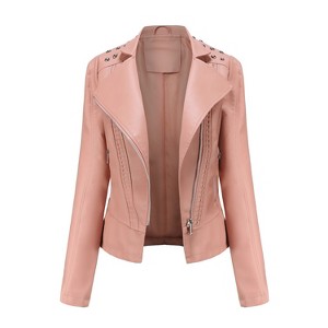 Clearlove Womens Casual Light Studded Shoulder Long Sleeve Cropped Zipper Moto Biker Faux Leather Jacket Coats - 1 of 4