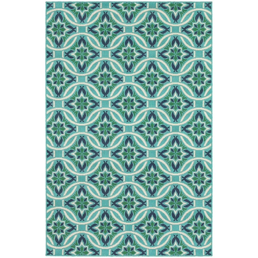 8'6inx13' Marlowe Floral Lattice Patio Rug Blue/Green - Captiv8e Designs