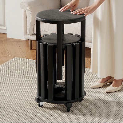 Lyngins 4-Piece Stackable Solid Wood Stool Set/Round Side Table, Bedroom Nightstand, Small End Table, Dining Stools (2 with Locking Wheels), Black