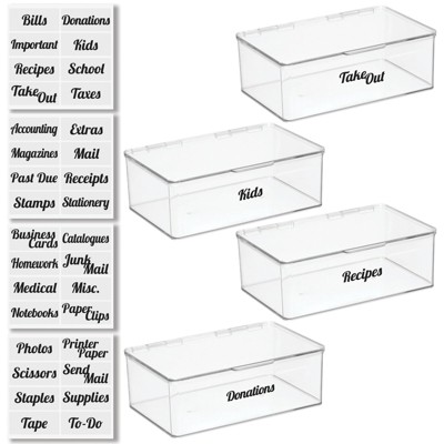 mDesign Plastic Stackable Home, Office Storage Box, 4 Pack + 32 Labels