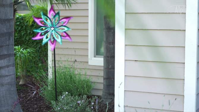64&#34; Jeweled Colorful Metal Dual Floral Wind Spinner Garden Stake Aqua/Purple - Alpine Corporation, 2 of 8, play video