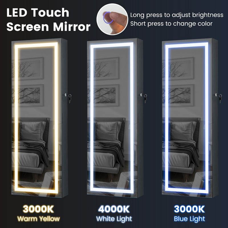 Tangkula LED Mirror Jewelry Cabinet Wall/Door Mounted Organizer Armoire w/ 3 Color Light, 5 of 10