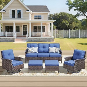 Buenhomino Patio Furniture Set Wicker Swivel Glider Chairs PE Rattan Sofa Ottomans with Blue Cushions Patio Conversation Set - 1 of 4