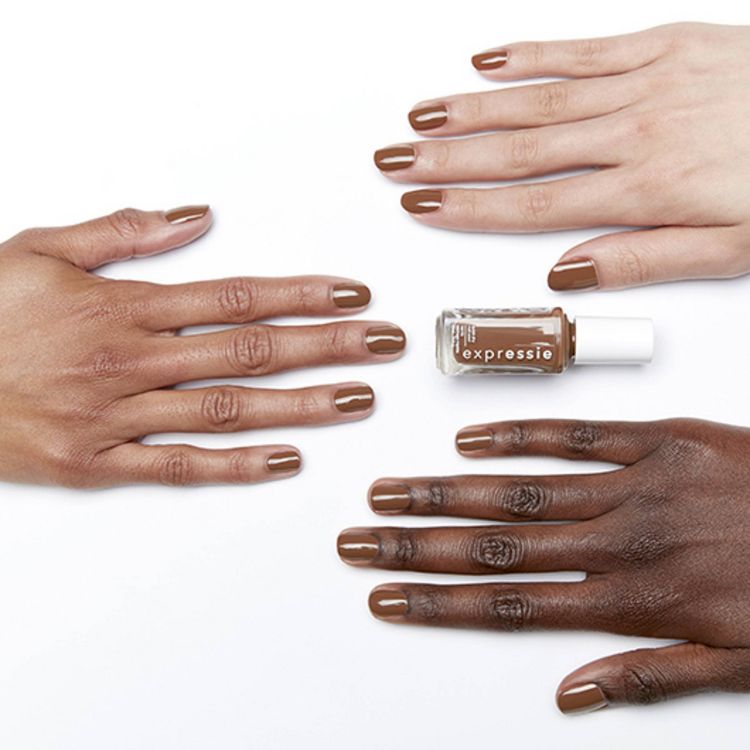 Three pairs of hands with brown colored nail polish and a bottle labeled "expressie" in the center.