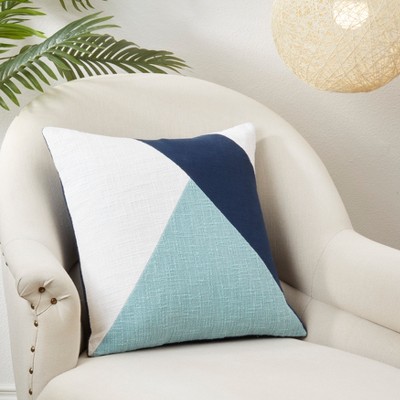 Aqua and Navy Geometric Cotton Throw Pillow with Duck Feather Fill