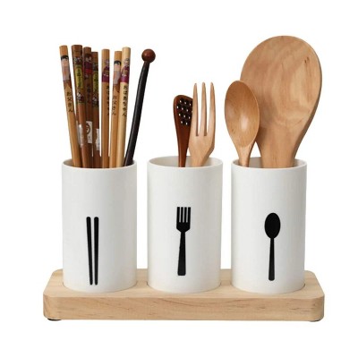 LunaLulinlk Kitchen Utensil Caddy, Flatware Organizer with Wood Base