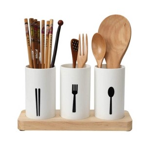 LunaLulinlk Kitchen Utensil Caddy, Flatware Organizer with Wood Base - 1 of 4