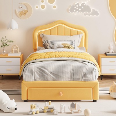 Coucheta Upholstered Bed Frame with LED Lights, Storage Drawer & Headboard,Velvet Platform for Kids, No Box Spring Needed