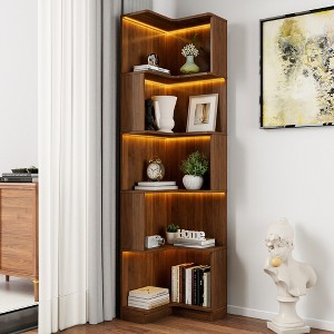 PDTEND 5-Tier Freestanding Corner Bookshelf with Baffle and Lights, Display Shelf Stand for Living Room, Bedroom, Office, or Kitchen - 1 of 4