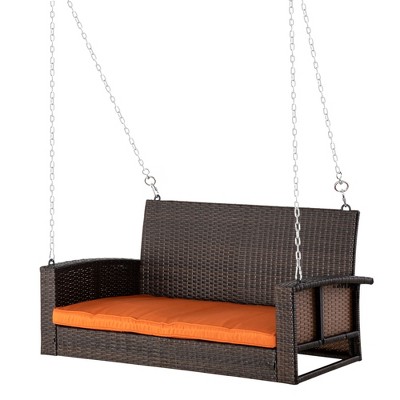Mix Brown Wicker 2-Person Hanging Porch Swing with Orange Cushions