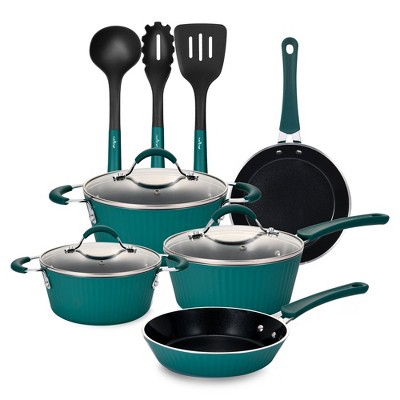 NutriChef NCCW11BL-DG 11 Piece Nonstick Ceramic Coating Elegant Lines Pattern Kitchen Cookware Pots and Pan Set with Lids and Utensils, Teal Blue
