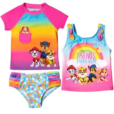 Paw Patrol Chase Marshall Rubble Skye Toddler Girls 3 Piece Rash Guard Tankini Swimsuit Set Rainbow 5T