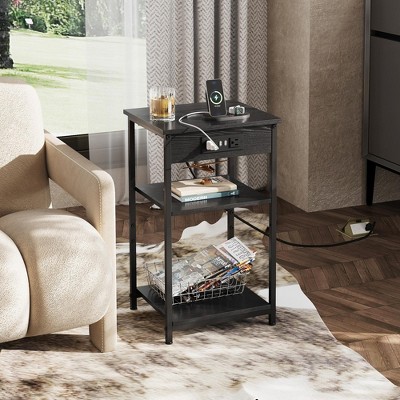 Side Table with Charging Station and USB Ports, Small End Tables for Small Spaces, 3-Tier Nightstand with Adjustable Shelf