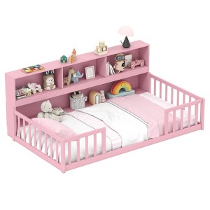 Costway Twin Size Montessori Floor Bed with Bookcase Storage Shelves & Safety Fence Rails Pink/Natural/White/Gray - 1 of 4