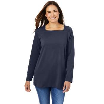 Woman Within Women's Plus Size Perfect Long-Sleeve Square-Neck Tee