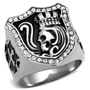 Slickblue Men’s Skull Ring with Crown on Shield Top, Polished Stainless Steel with Synthetic Crystal Accents, Sizes 8–13 - 1 of 4