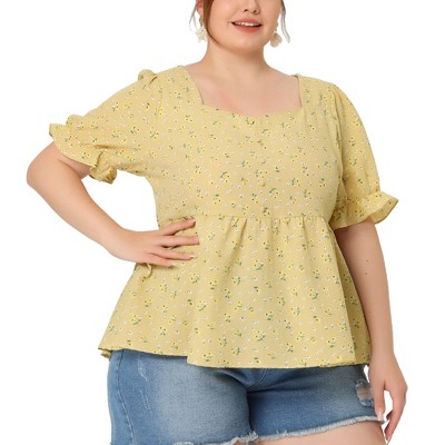 Agnes Orinda Women's Plus Size Floral Babydoll Peplum Waist Short Sleeve Blouses