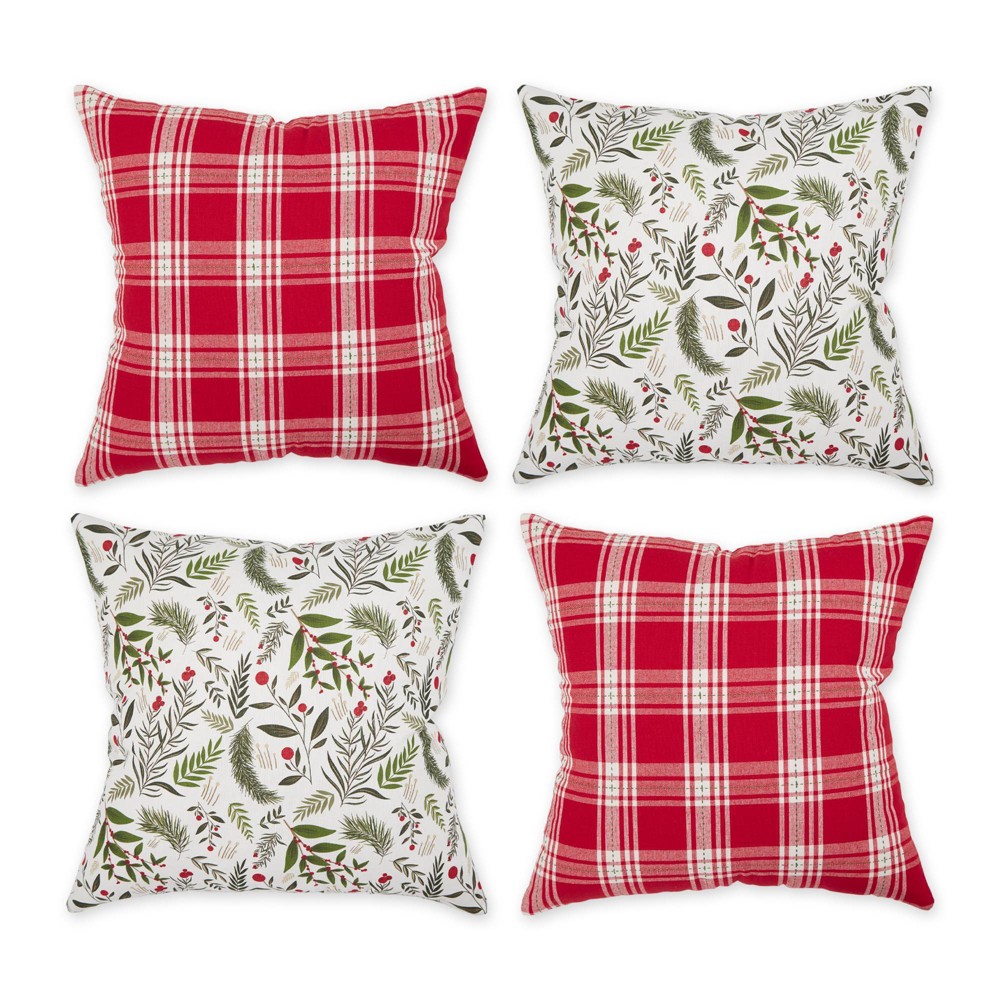 Photos - Pillow 4pk 18"x18" Assorted Holiday Sprig Print And Plaid Square Throw  Cov