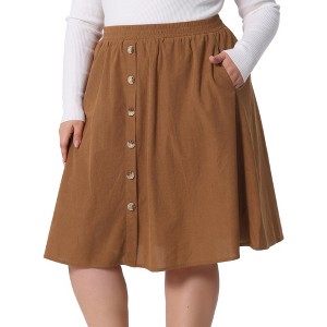 Agnes Orinda Women's Plus Size Elastic High Waist Button Front Pockets Midi Corduroy A Line Skirts - 1 of 4