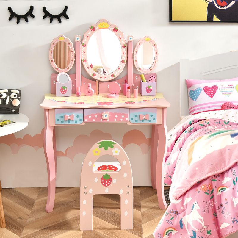 Costway Kids Vanity Princess Makeup Dressing Table Chair Set w/ Tri-fold Mirror Pink, 1 of 11