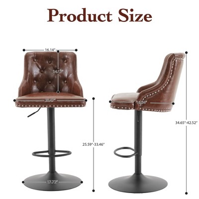 Adjustable Brown Faux Leather Swivel Bar Stools with Nailhead Trim, Set of 2