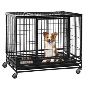 FDW 36/42/48 Inch Dog Crate Heavy Duty Dog Kennel Indoor Outdoor Metal Dog Cage with Removable Pan and Lockable Wheels Pet Playpen for Training - 1 of 4