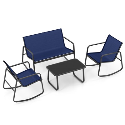 Tangkula 4 Piece Rocking Bistro Set Patio Furniture Set w/ Loveseat 2 Rocking Chairs Navy