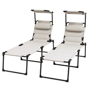 2 Pcs Outdoor Lounge Chair, 4 Position Adjustable Backrest, Folding, Cushioned w/ Sun Shade Roof & Pillow - 1 of 4