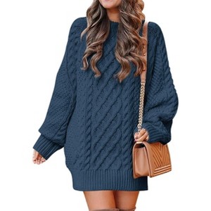 Women's Oversized Chunky Knit Sweater Dress | Long Sleeve Cable Knit Short Dress for Fall Winter Vacations Navy - 1 of 4