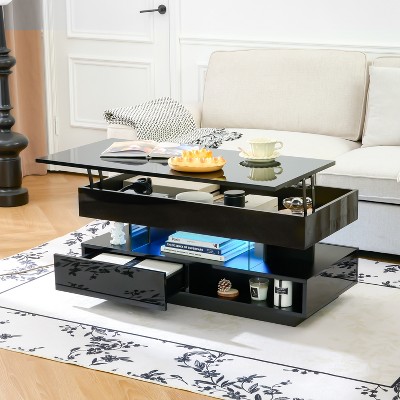 ORRD 39.3" Lift Top Coffee Table with LED Lights, 2 Storage Drawers & Hidden Compartment, Multifunctional for Living Room