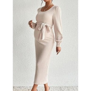 Maternity Women's Winter Rib Knit Pullover Pullover Pleated Dress Crew Neck Stretch Knitted Solid Long Dress with Belt - 1 of 1