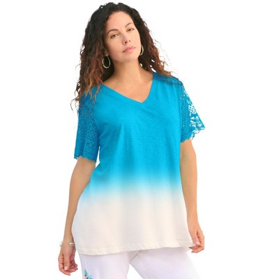 Roaman's Women's Plus Size Lace-Sleeve Ombre Slub Tee