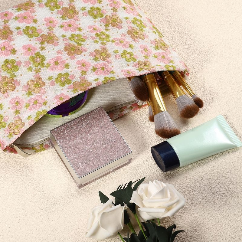 Unique Bargains Travel Zipper-Closure Floral Canvas Makeup Bag Pink Green 1 Pc, 2 of 8